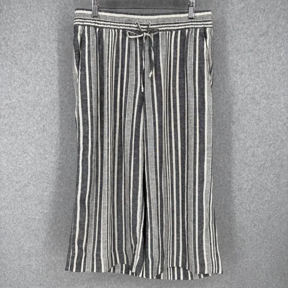 Banana Republic Wide Leg Crop Pull On Pant Size M Petite Navy White Stripe Linen